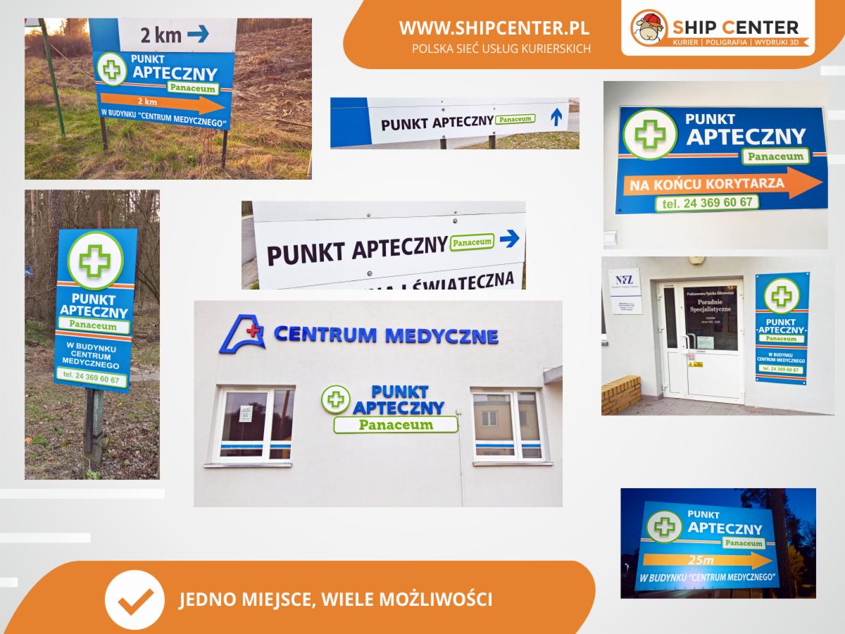 Zestaw zdjęć tablic informacyjnych i reklamowych punktu aptecznego z logo i nazwą Panaceum, umieszczonych w różnych lokalizacjach, zarówno na zewnątrz, jak i wewnątrz budynków, z uwzględnieniem...
