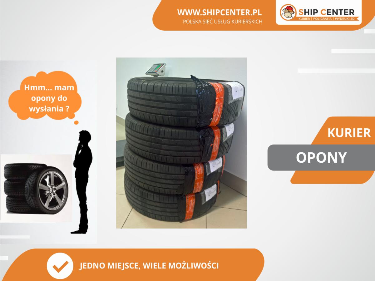 Zapakowane opony ułożone w stos, przygotowane do wysyłki kurierem, na wadze, obok sylwetka osoby zastanawiającej się nad wysłaniem opon.