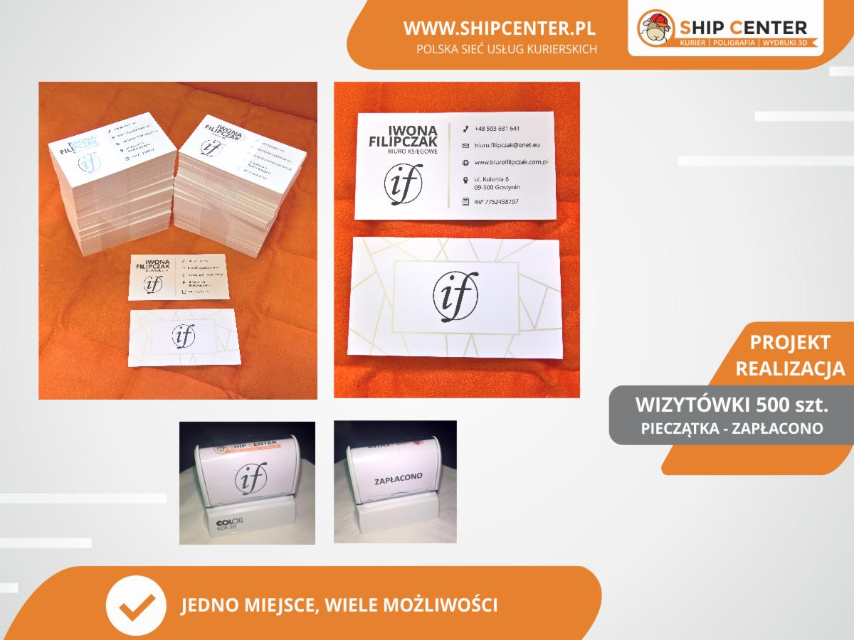 Stos wizytówek z logo IF na pomarańczowym tle, obok pojedyncze egzemplarze i pieczątki z napisem 'Zapłacono' oraz logo firmy Ship Center.