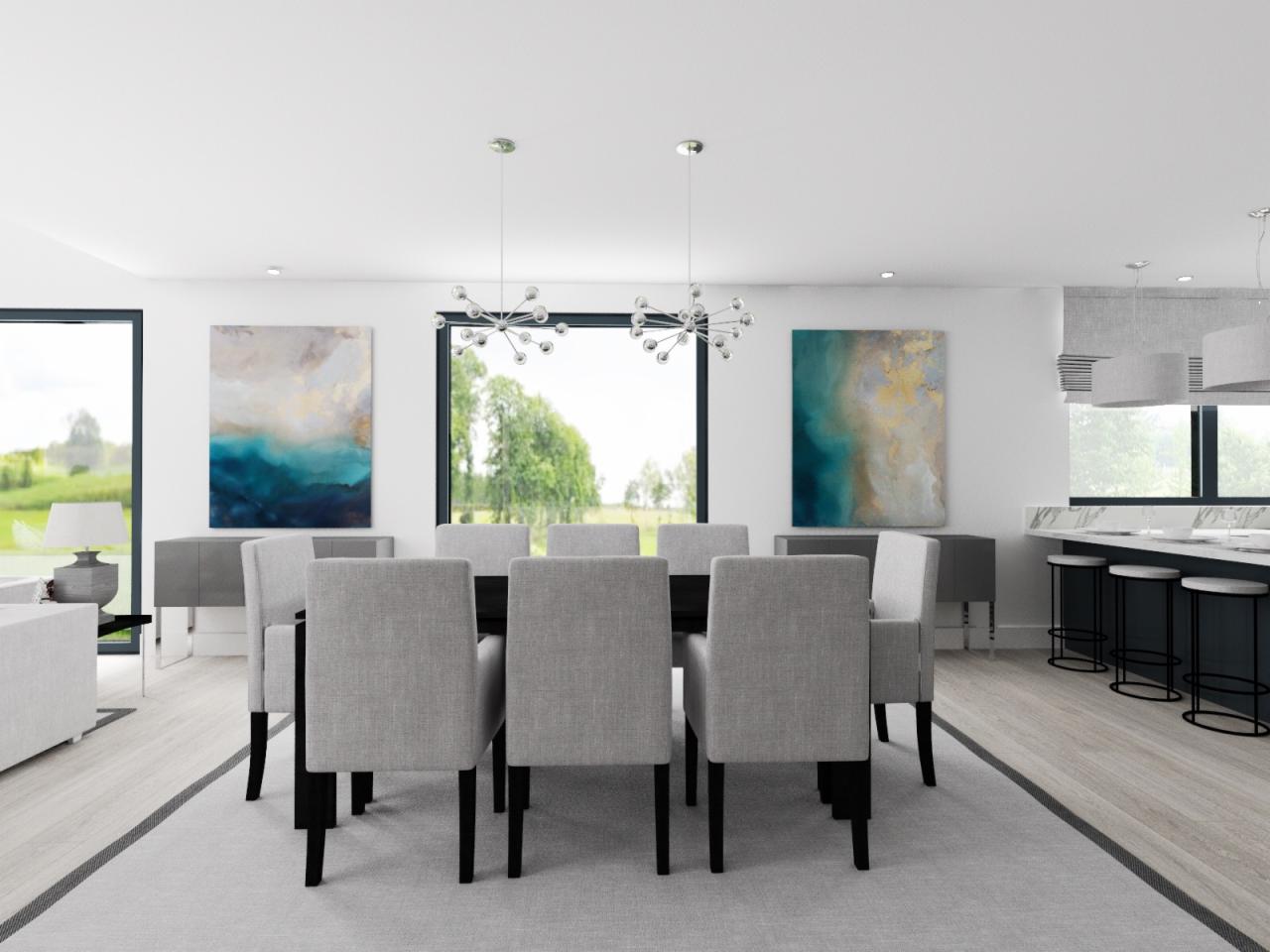Jasna jadalnia z czarnym stołem, szarymi krzesłami, abstrakcyjnymi obrazami na ścianach, oświetleniem punktowym i widokiem na zieleń za oknem.