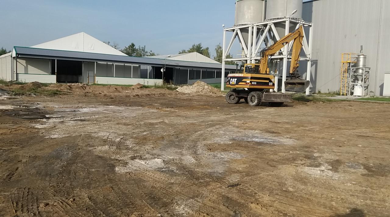 Żółta koparka kołowa CAT M315 na placu budowy, w tle hala produkcyjna i budynek gospodarczy z zielonym dachem, widoczne ślady opon na ziemi.