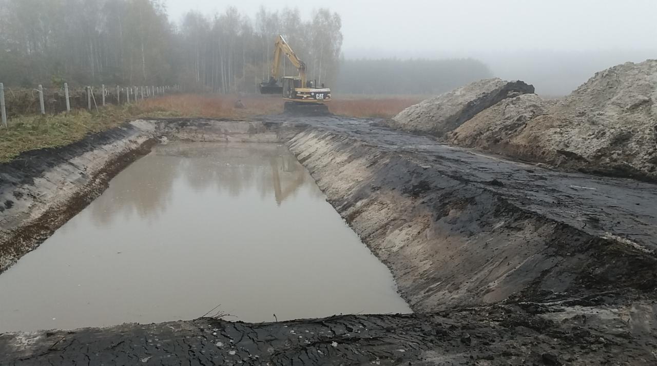 Żółty, gąsienicowy, ciężki sprzęt CAT kopie staw w mglisty dzień. W tle drzewa i ogrodzenie.