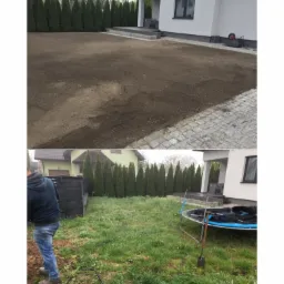 Porównanie stanu trawnika przed i po przygotowaniu podłoża pod trawnik z rolki, widoczny ubity grunt oraz wał do trawy.