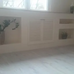 Jasne wnętrze z wnękami w ścianie: w jednej duża roślina doniczkowa, w drugiej mała roślina i dekoracje, pośrodku zabudowa z żaluzjowymi drzwiczkami, jasna podłoga.