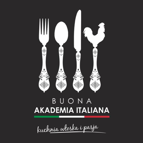 Grafika z białymi sztućcami (widelec, łyżka, nóż, kogut) na czarnym tle, napis 'BUONA AKADEMIA ITALIANA' oraz zielono-biało-czerwony pasek i napis 'kuchnia włoska i pasja'.