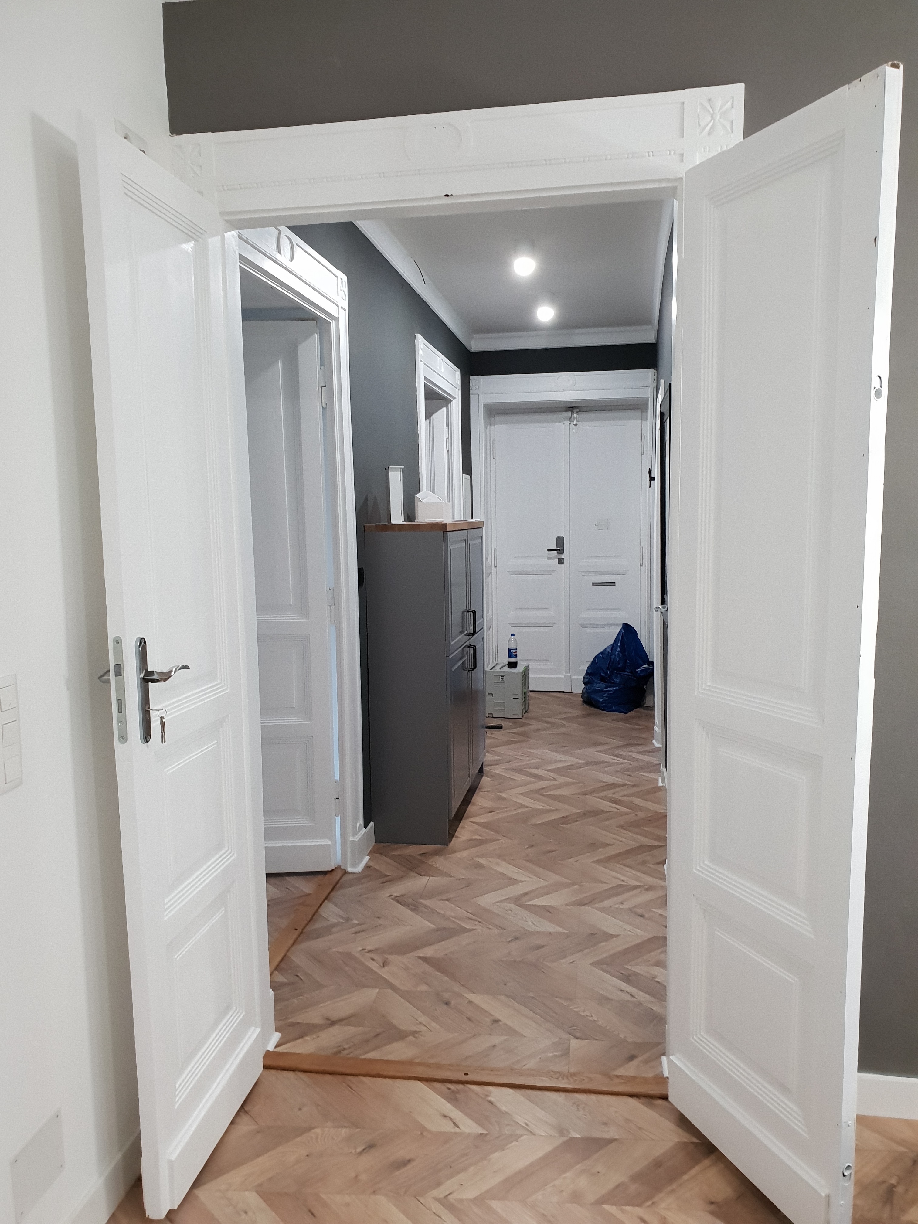 Otwarty widok na korytarz z parkietem w jodełkę, białe drzwi wewnętrzne z dekoracyjnymi ramami i szara szafka w tle.