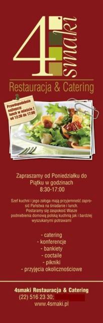 Plakat reklamowy restauracji i cateringu '4 Smaki' z ilustracją sałatki z grzankami i warzywami, informacją o godzinach otwarcia i ofercie cateringowej na czerwonym tle.