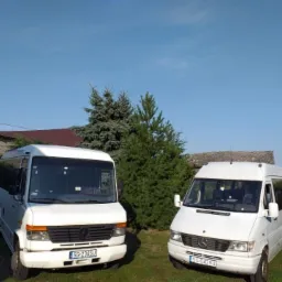 Dwa białe busy Mercedes-Benz zaparkowane na trawniku przed budynkiem z cegły i zielonymi drzewami iglastymi, widoczne tablice rejestracyjne.