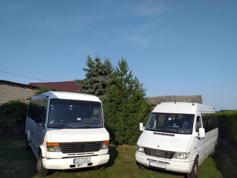 Dwa białe busy Mercedes-Benz zaparkowane na trawniku przed budynkiem z cegły i zielonymi drzewami iglastymi, widoczne tablice rejestracyjne.