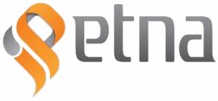 Logo firmy Etna z pomarańczowym symbolem graficznym przypominającym płomień i szarym napisem 'etna'.