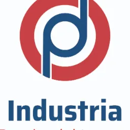 Logo firmy Industria z branży elektrycznej: niebieska litera 'p' w czerwonym okręgu, nazwa firmy i branża pod spodem.