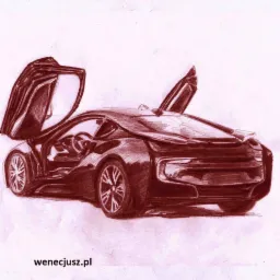 Ręcznie rysowany szkic sportowego samochodu z otwartymi drzwiami typu gull-wing, wykonany ołówkiem na białym papierze, widoczny adres strony internetowej w dolnej części.