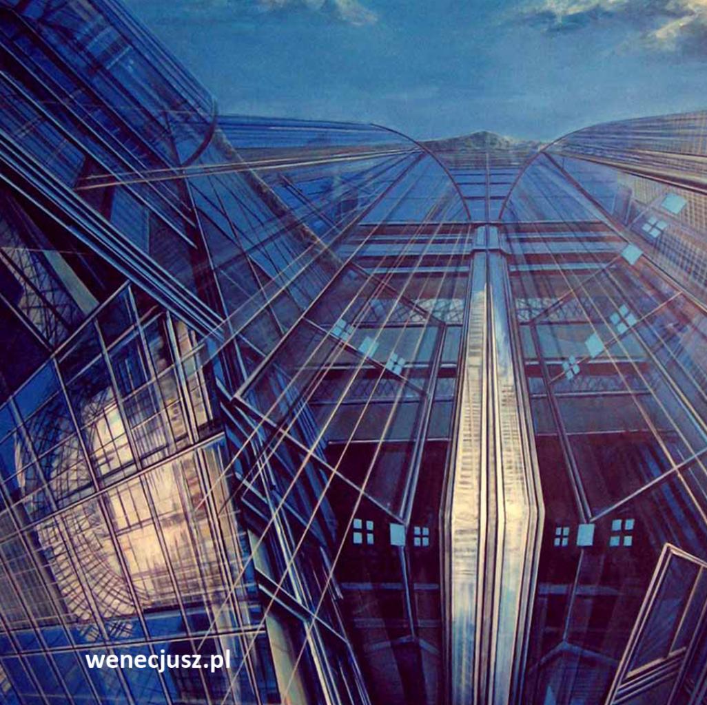 Abstrakcyjne ujęcie drapacza chmur z perspektywy żabiej, niebieska tonacja, widoczne odbicia i geometryczne linie szklanej fasady, z delikatnym zarysem nieba w tle.