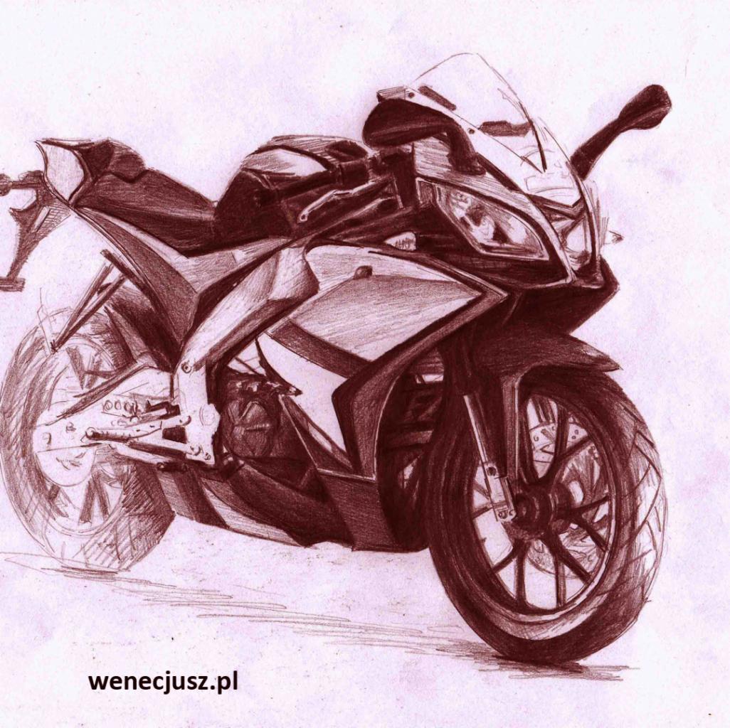Ręcznie rysowany szkic motocykla sportowego w odcieniach brązu, z widocznymi detalami opon, owiewek i reflektorów.