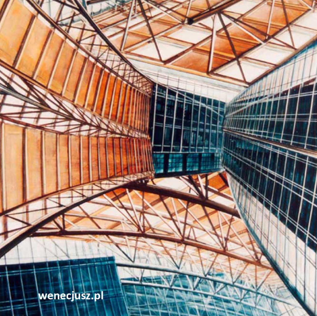 Architektoniczny rysunek perspektywiczny wnętrza nowoczesnego budynku biurowego z widoczną stalową konstrukcją dachu i szklanymi elewacjami, wykonany w ciepłych odcieniach brązu i chłodnych błękitach.