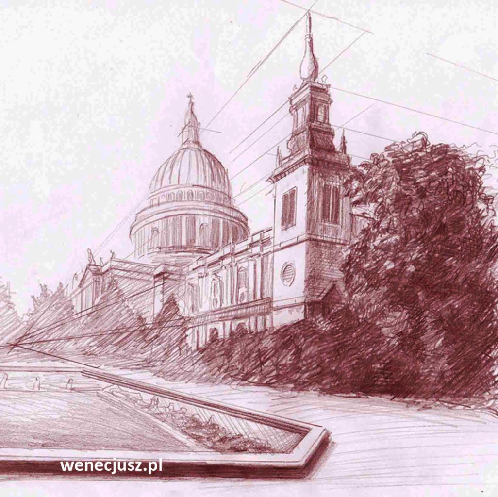 Szkic architektoniczny katedry z kopułą i wieżą, wykonany brązowym ołówkiem, z widoczną perspektywą i detalami architektonicznymi.