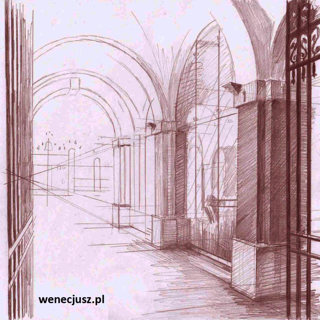 Szkic ołówkiem korytarza z łukami i kolumnami, perspektywa zbieżna, widoczny adres strony internetowej w dolnej części.