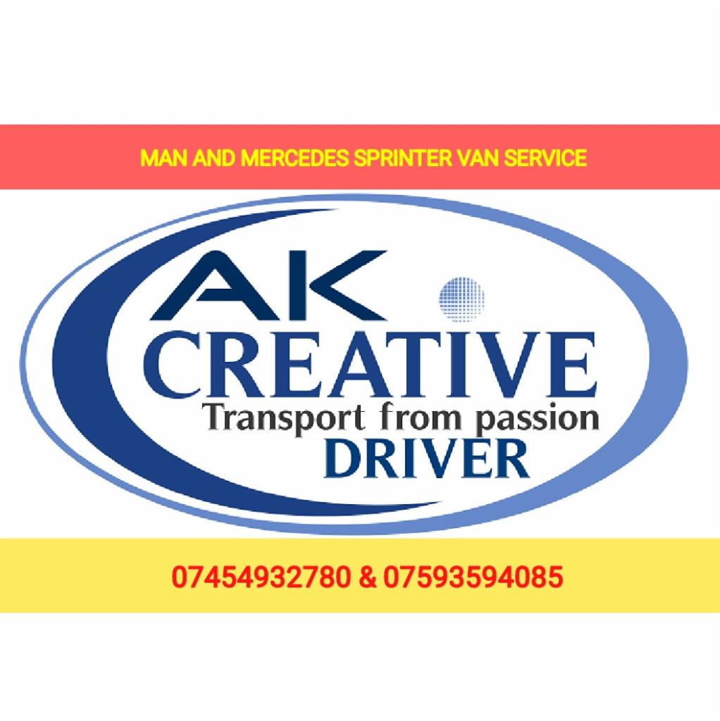 Logo firmy AK Creative oferującej transport Mercedes Sprinter Van, z hasłem 'Transport from passion' i numerami telefonów kontaktowych.