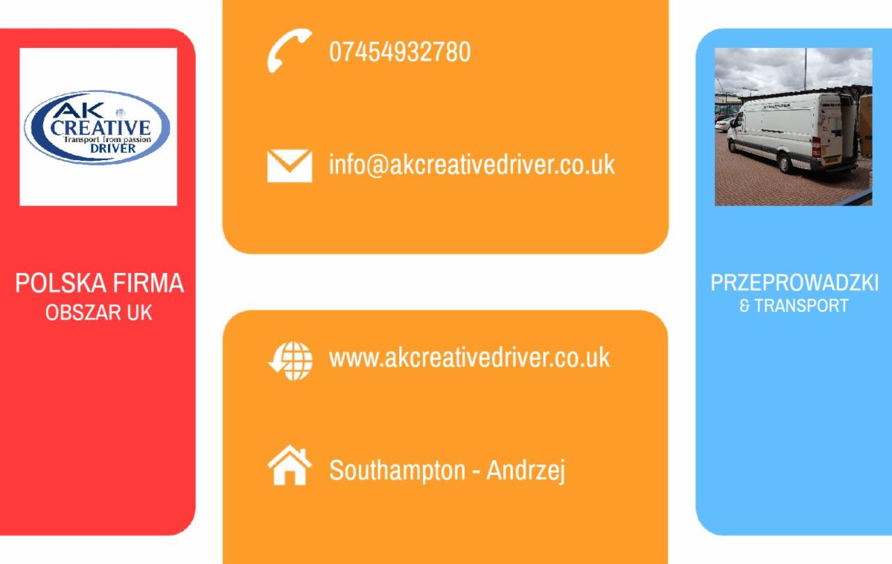 Grafika reklamowa firmy transportowej AK Creative Driver z UK, prezentująca logo, dane kontaktowe i zdjęcie busa transportowego.