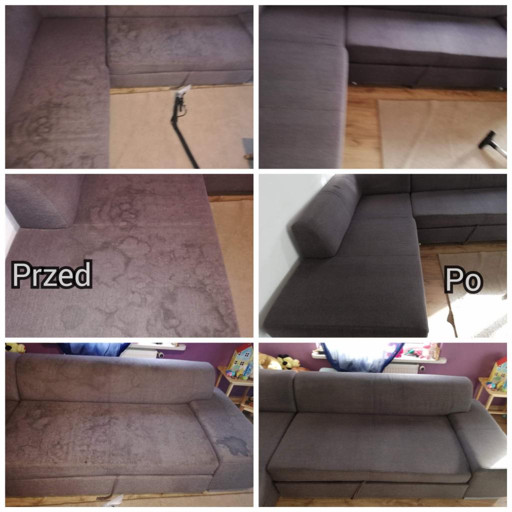 Kolaż przedstawiający narożnik tapicerowany w odcieniach szarości przed i po czyszczeniu ekstrakcyjnym; widoczne plamy i zabrudzenia usunięte, z efektem 'przed' i 'po' na różnych fragmentach mebla.