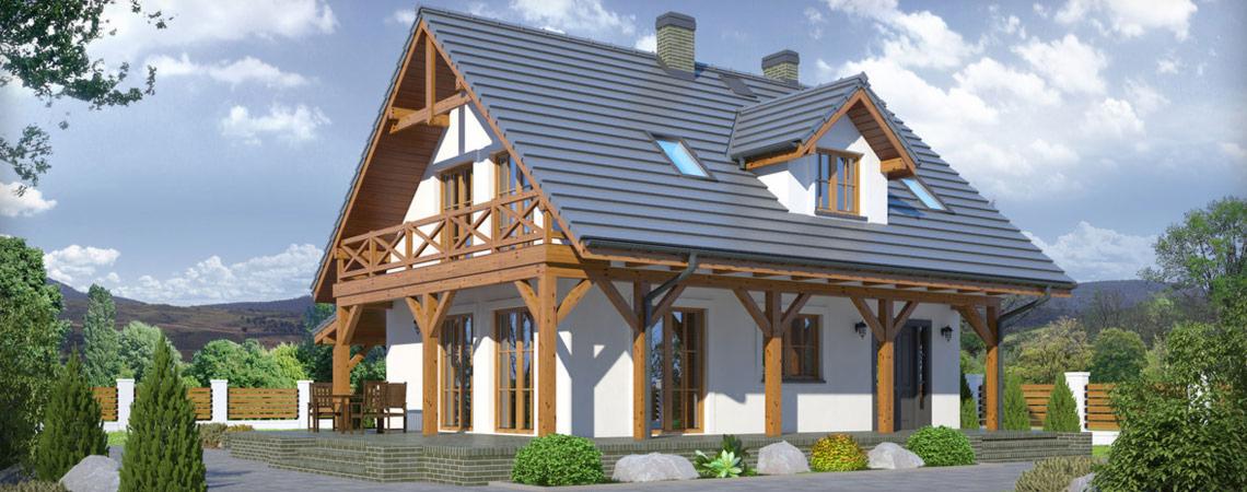 Wizualizacja domu szkieletowego z drewnianą konstrukcją, szarą dachówką i balkonem z balustradą krzyżową, na tle błękitnego nieba z chmurami.