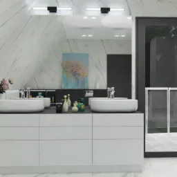 Nowoczesna łazienka z marmurowymi ścianami, podwójną umywalką nablatową, czarnym blatem i grzejnikiem drabinkowym, widoczne akcesoria łazienkowe i kwiaty w wazonie.