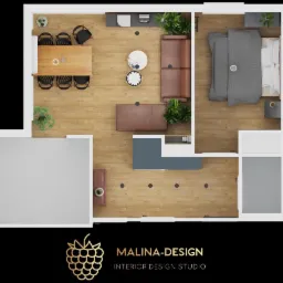 Rzut z góry na wizualizację mieszkania z salonem, jadalnią i sypialnią, z drewnianą podłogą i meblami w odcieniach brązu i szarości, w dolnej części logo studia projektowego Malina-Design.