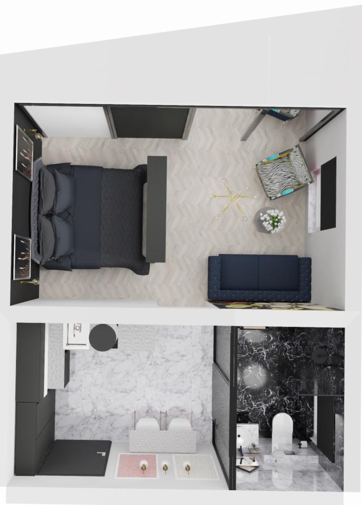 Wizualizacja 3D sypialni z łazienką, widok z góry, dominują odcienie szarości i bieli, podłoga w jodełkę, marmurowe płytki w łazience.