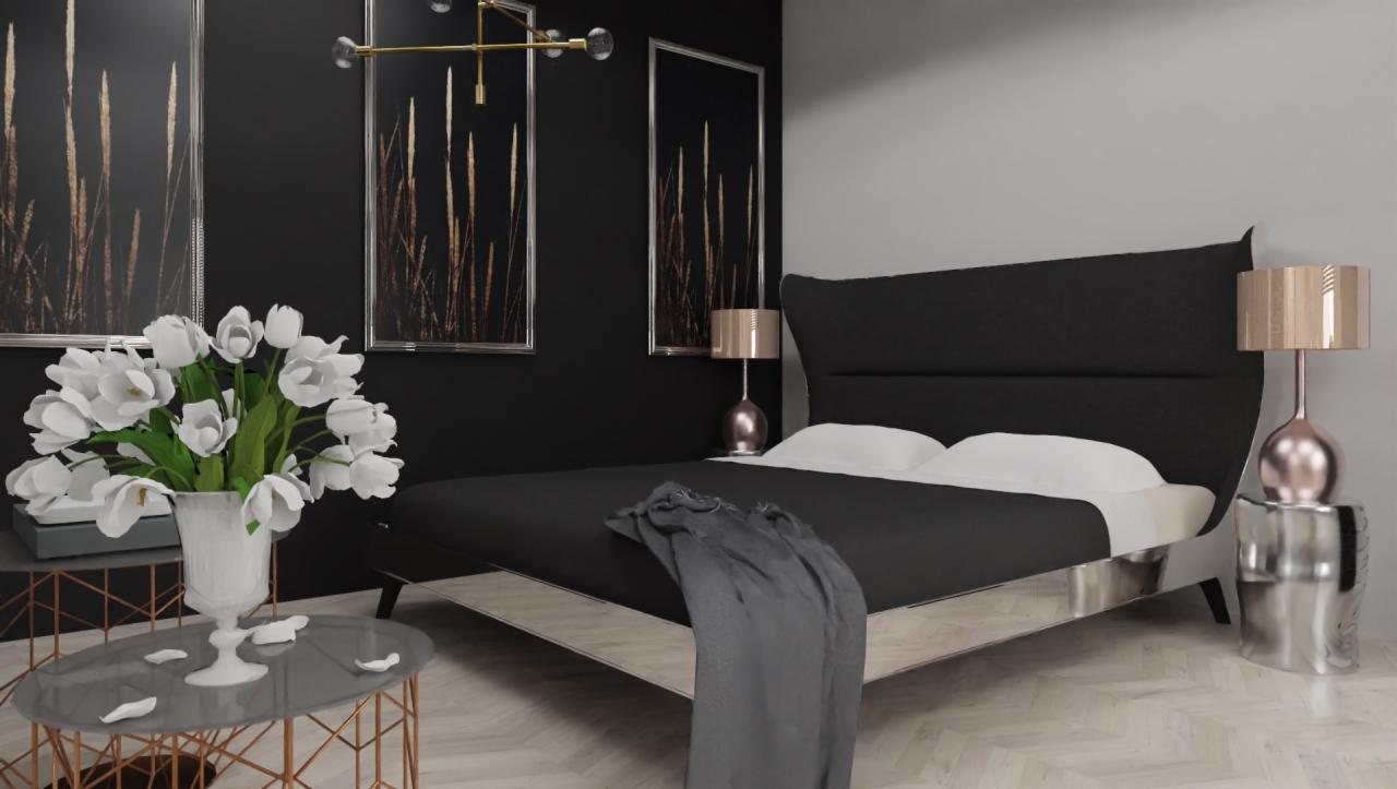 Elegancka sypialnia z czarnym łóżkiem, srebrnymi stolikami nocnymi i wazonem białych tulipanów na stoliku kawowym o geometrycznej podstawie.
