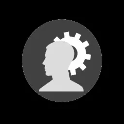 Sylwetka głowy w profilu z zębatym kołem, symbolizująca proces myślowy lub rozwój umiejętności.
