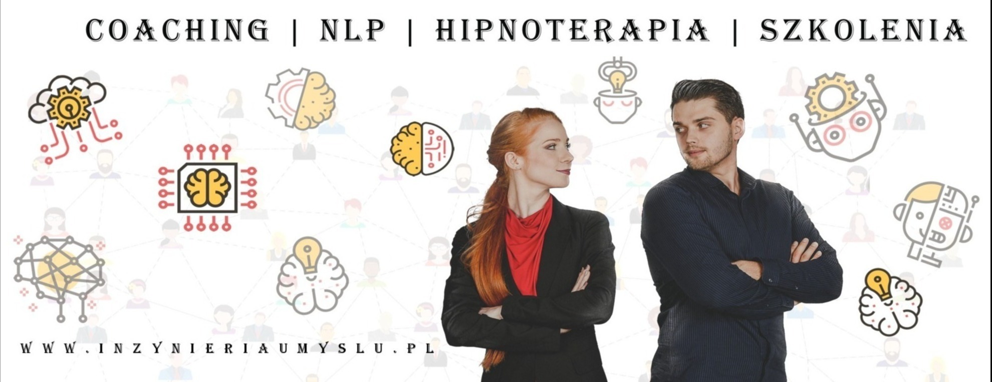 Grafika reklamowa z dwiema osobami patrzącymi na siebie, otoczonymi ikonami symbolizującymi procesy myślowe, z nagłówkiem COUCHING | NLP | HIPNOTERAPIA | SZKOLENIA i adresem strony internetowej...
