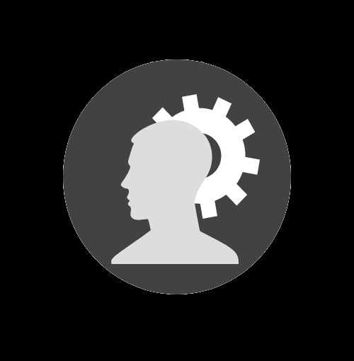 Sylwetka głowy w profilu z zębatym kołem, symbolizująca proces myślowy lub rozwój umiejętności.