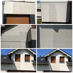 Kostka Błysk - Fragmenty elewacji budynku przed i po czyszczeniu, widoczne różnice w kolorze i zabrudzeniach, brązowe rolety okienne.