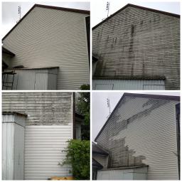 Kostka Błysk - Kompozycja czterech ujęć elewacji budynku przed i po czyszczeniu, ukazująca różnicę w wyglądzie sidingu. Widoczne zabrudzenia i odświeżona powierzchnia.