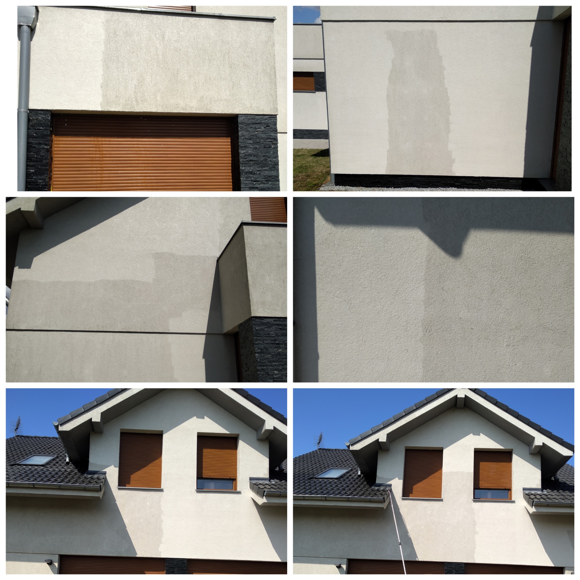 Fragmenty elewacji budynku przed i po czyszczeniu, widoczne różnice w kolorze i zabrudzeniach, brązowe rolety okienne.