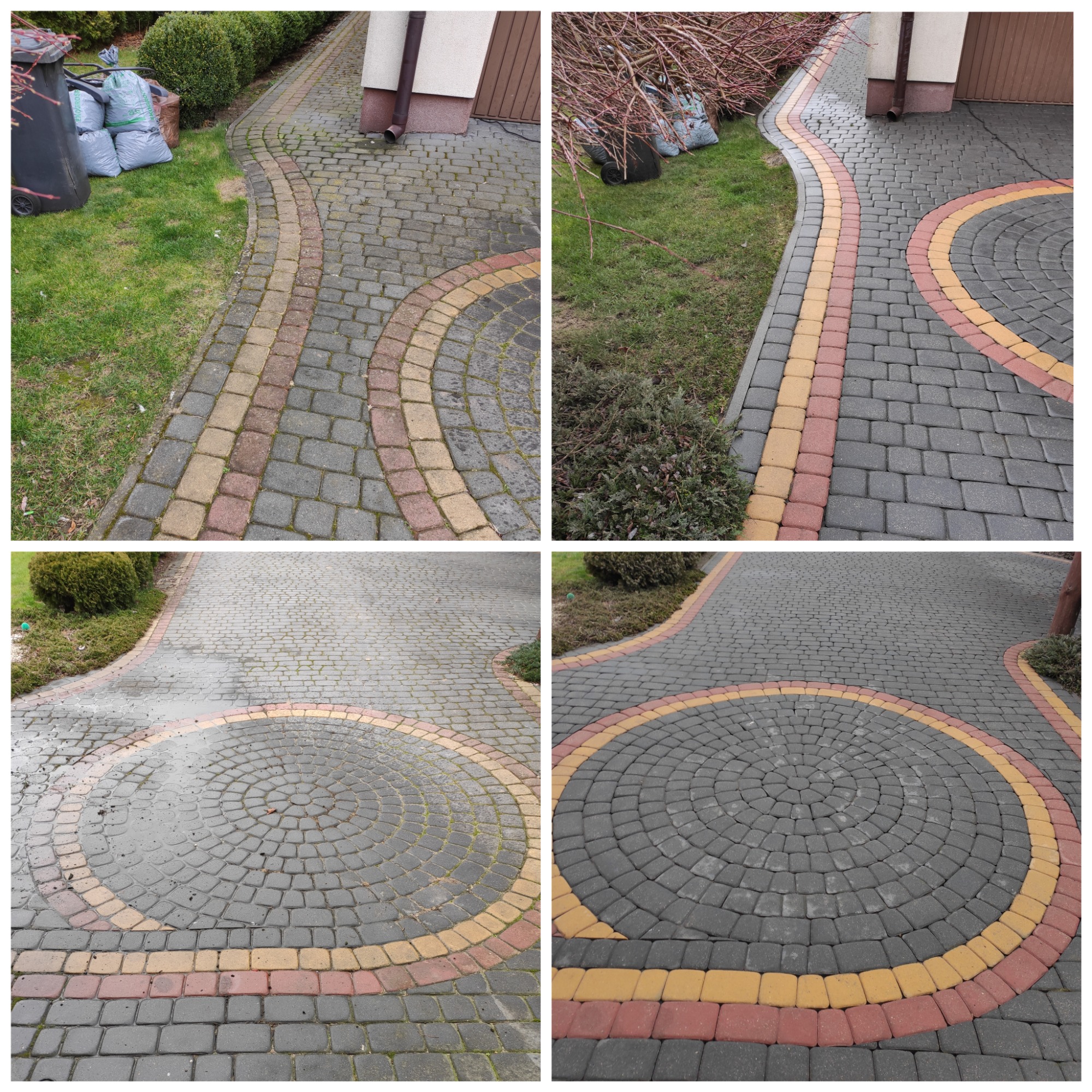 Cztery ujęcia kostki brukowej przed i po myciu, z widoczną różnicą w czystości i intensywności kolorów, otoczonej przez trawnik i roślinność.
