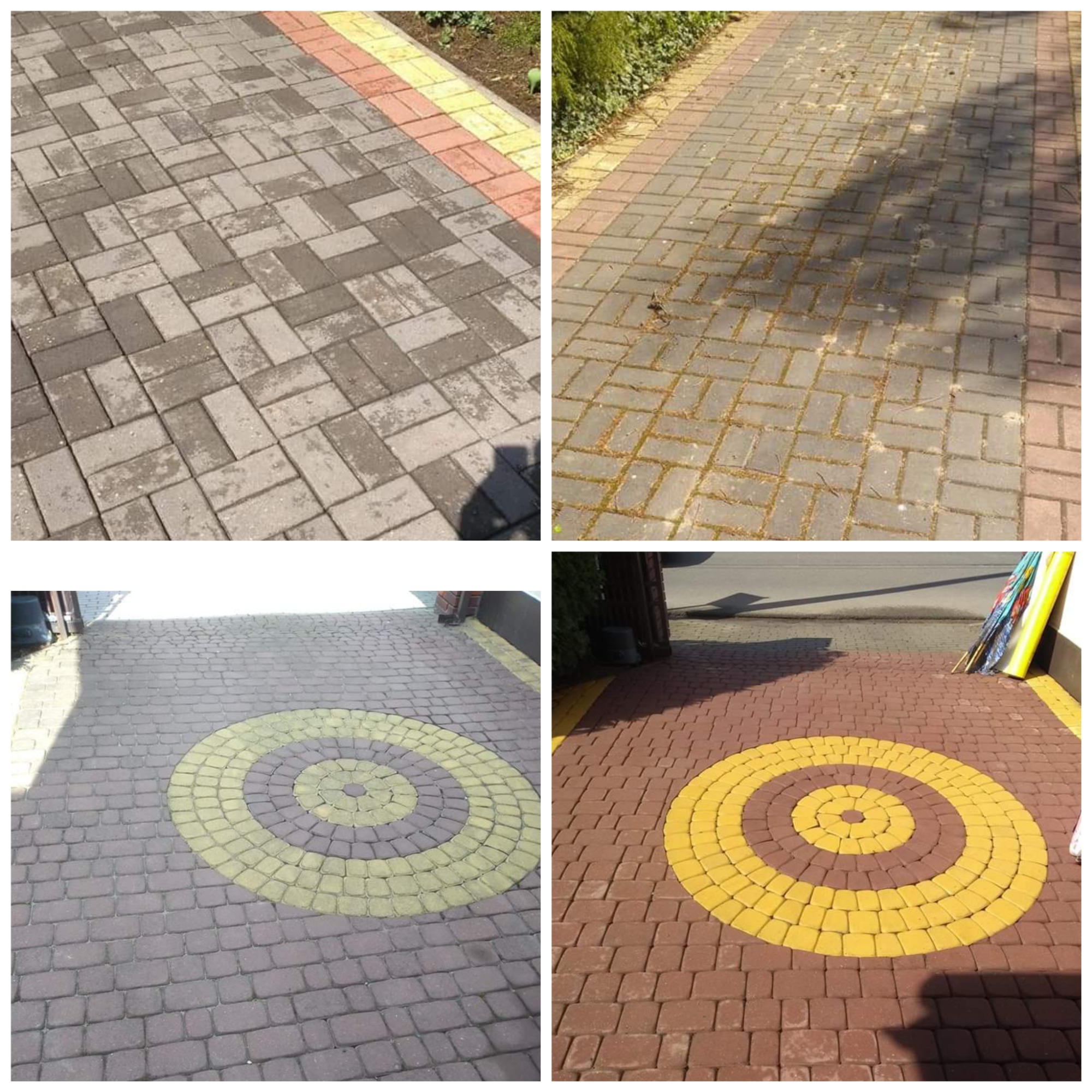 Kolaż czterech zdjęć kostki brukowej: dwa ujęcia przed i po czyszczeniu z widocznymi zabrudzeniami i odświeżonym kolorem, oraz dwa ujęcia wzoru z koncentrycznymi okręgami z kostki w odcieniach...