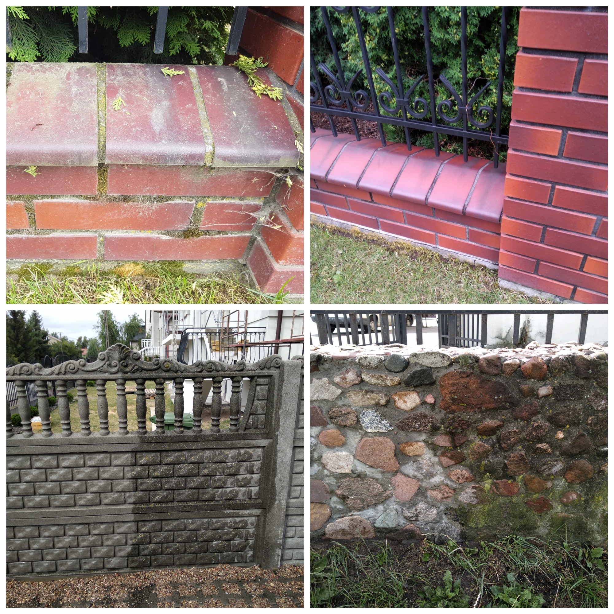 Kolaż czterech różnych fragmentów ogrodzeń: ceglanego z mchem, ceglanego z metalowym płotem, betonowego z dekoracyjnymi elementami, oraz kamiennego z mchem.
