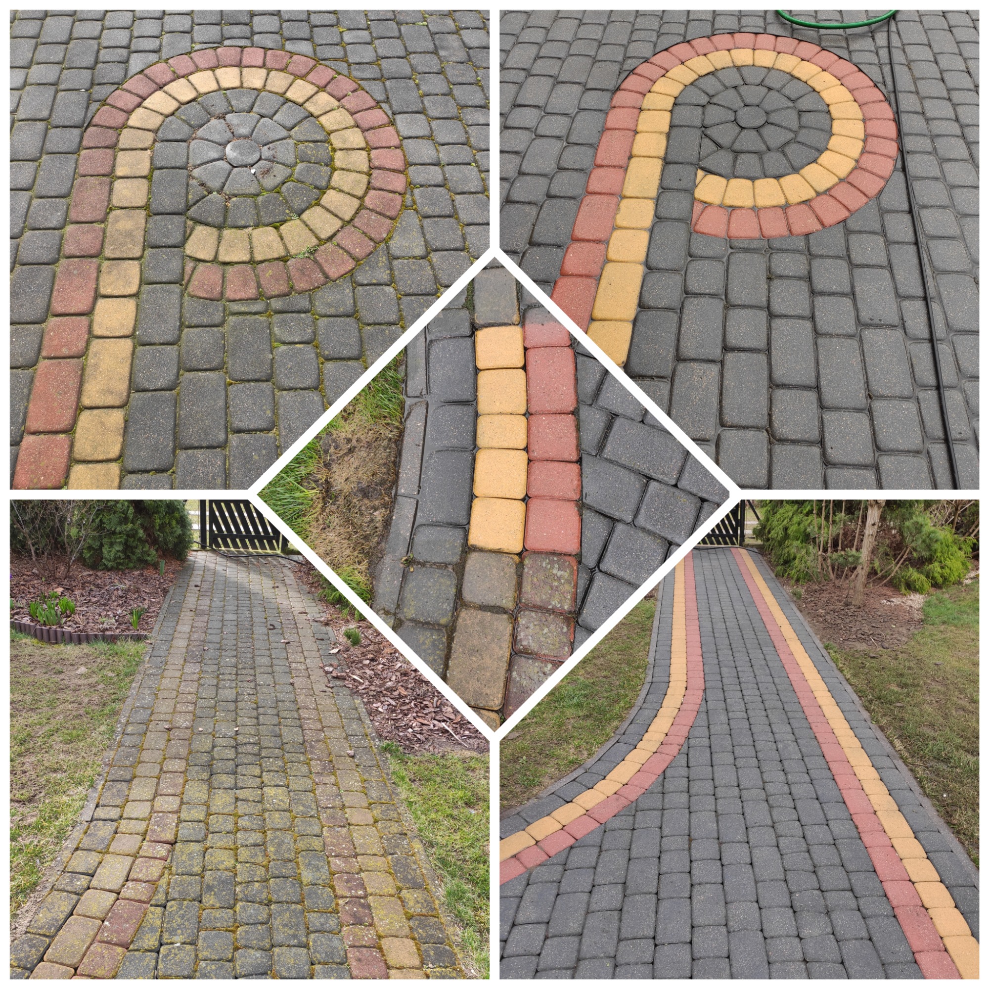 Mozaika zdjęć przedstawiająca kostkę brukową: fragment przed i po czyszczeniu z widocznymi różnicami w kolorze oraz wzorze ułożenia. Na jednym ze zdjęć widoczny zielony wąż ogrodowy.