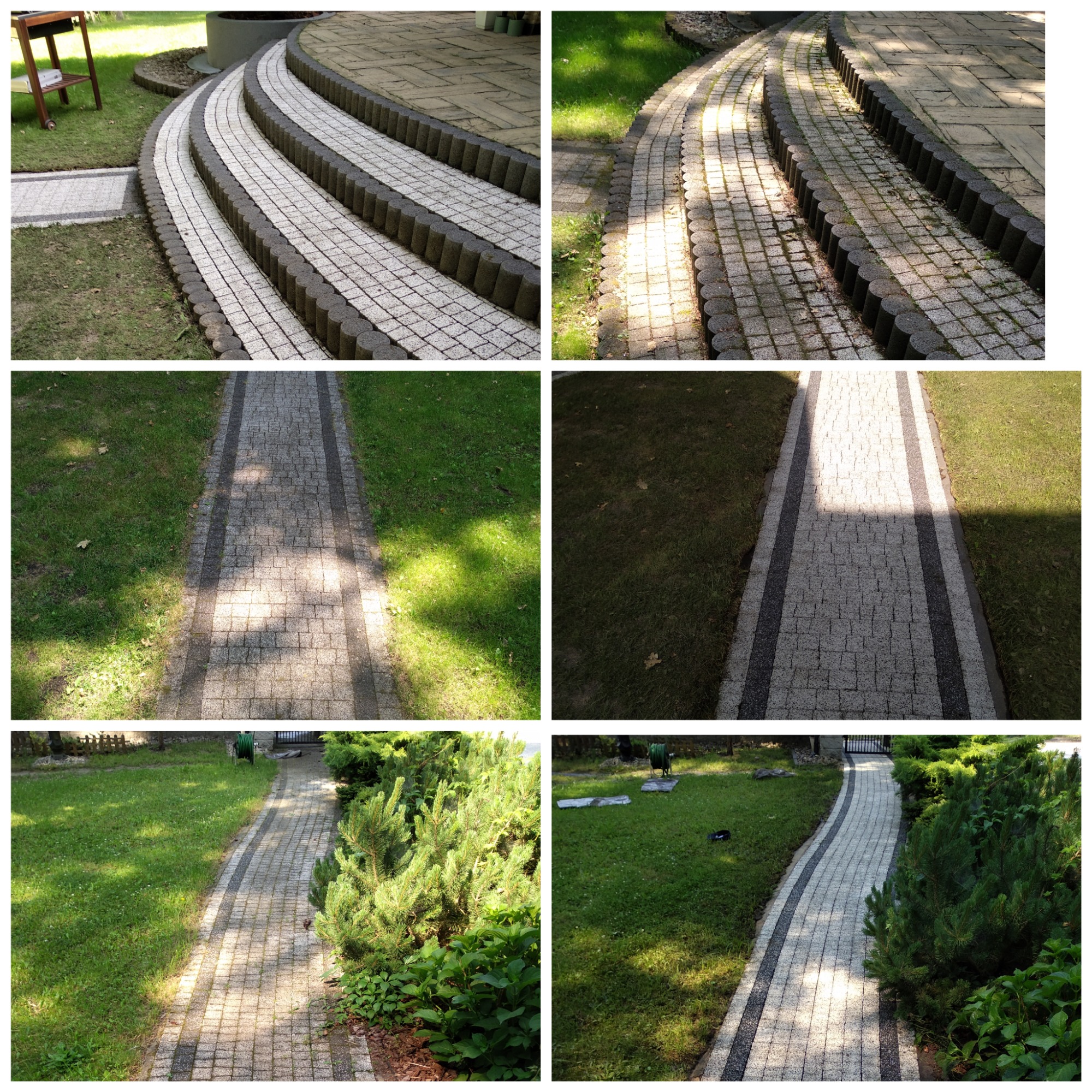 Kompozycja sześciu ujęć przedstawiających ścieżki i schody z kostki brukowej w ogrodzie, z różnymi kątami i oświetleniem, otoczone trawnikiem i roślinnością.