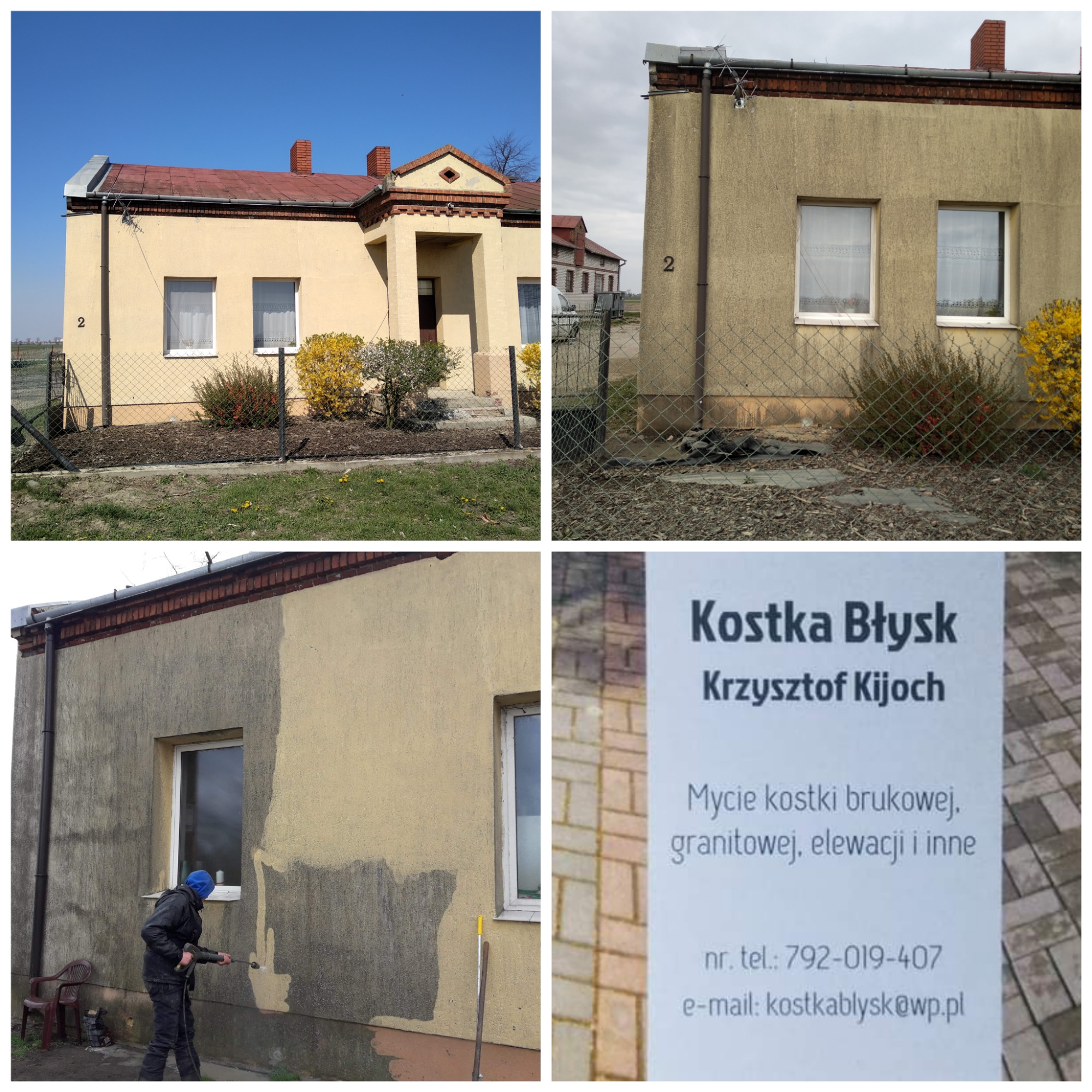 Pracownik w niebieskiej czapce myje elewację budynku z żółtym tynkiem za pomocą myjki ciśnieniowej, widoczny efekt czyszczenia oraz tabliczka z ofertą usług: mycie kostki brukowej, elewacji.
