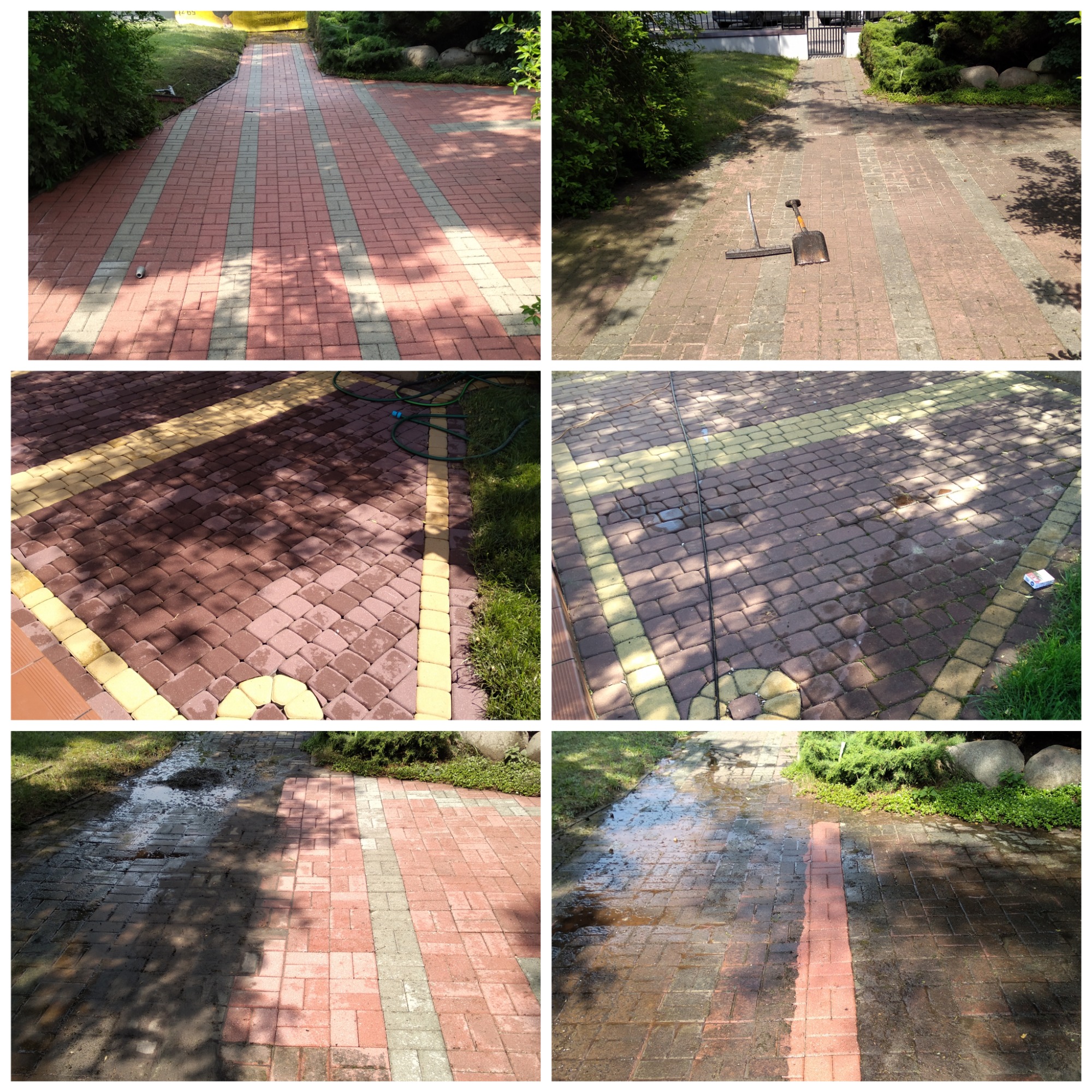Kompozycja sześciu zdjęć przedstawiających kostkę brukową przed i po czyszczeniu, z widocznymi narzędziami, strumieniem wody i różnicą w kolorze.