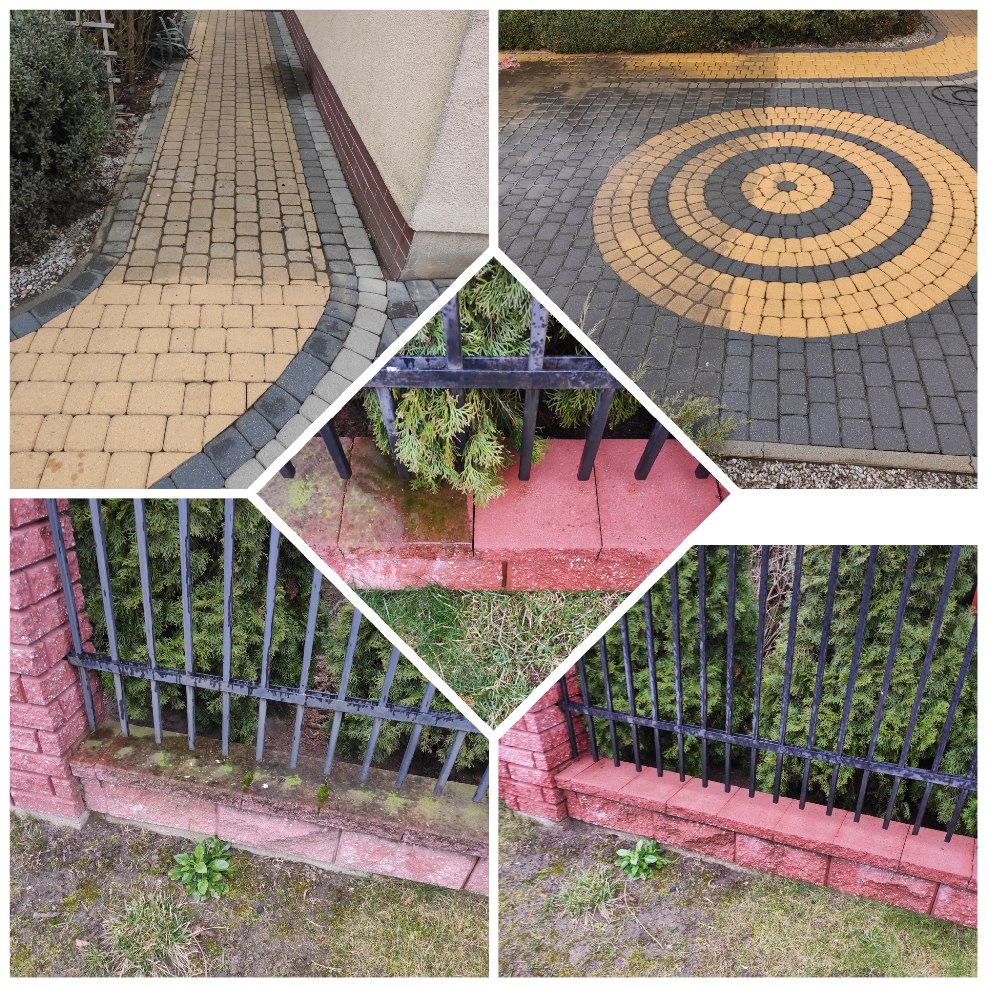 Mozaika zdjęć: wyczyszczona kostka brukowa w odcieniach żółci i szarości tworząca wzór koła, czysty chodnik z kostki, oraz fragment brudnego murku z cegły z czarnym metalowym płotem przed i po...