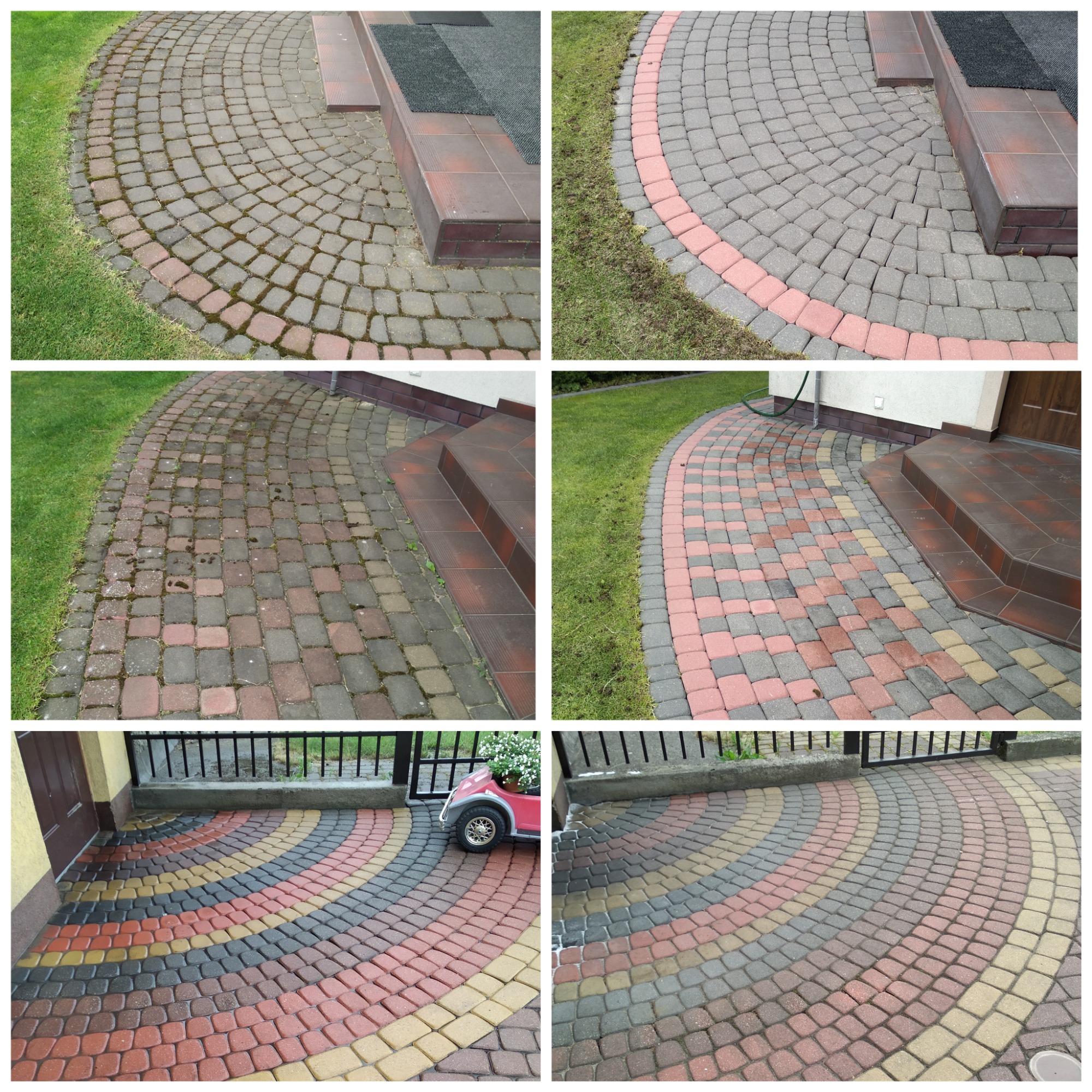 Porównanie kostki brukowej przed i po czyszczeniu: widoczne różnice w kolorze i usunięcie mchu na ścieżce prowadzącej do schodów wejściowych i wjazdu do garażu.