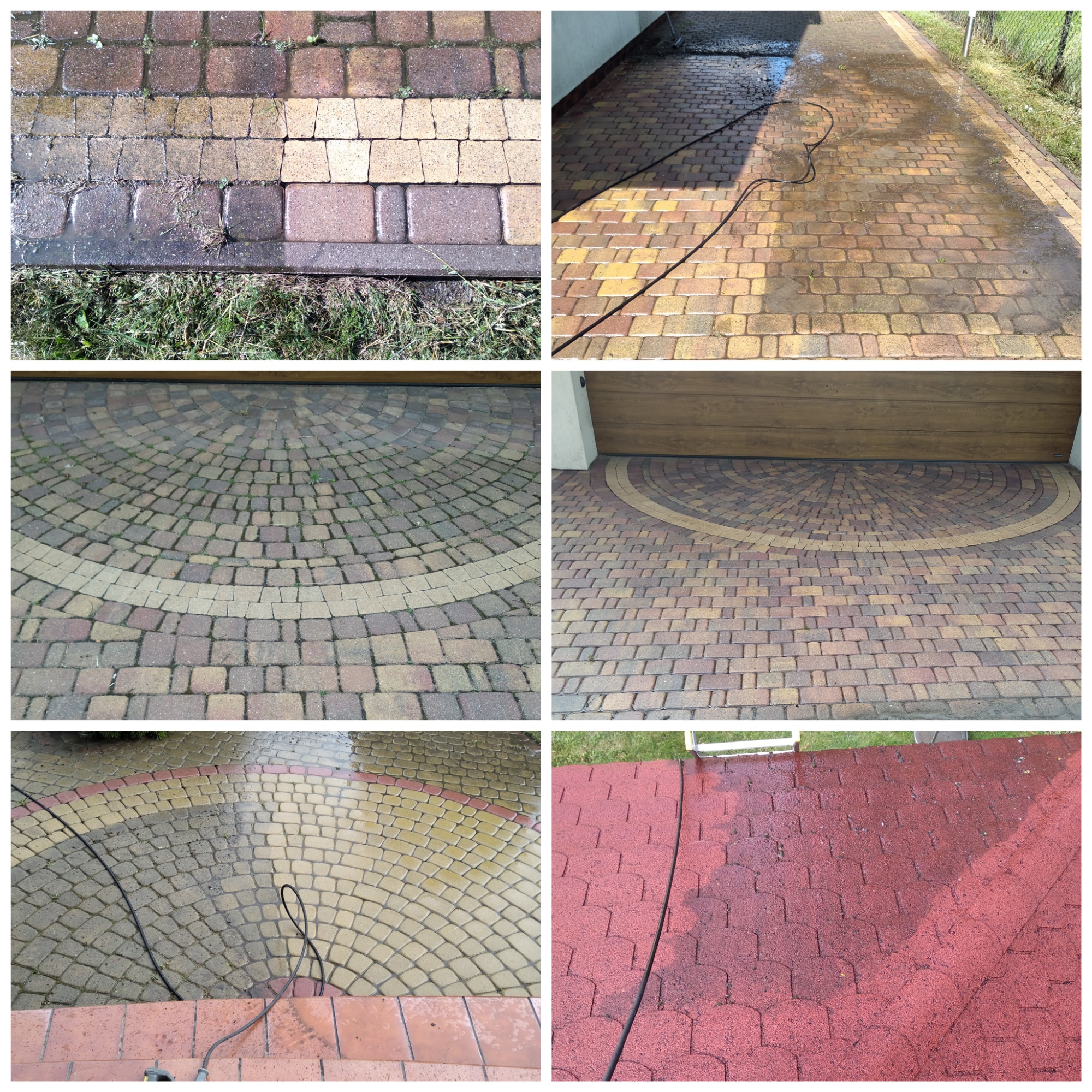 Kolaż zdjęć przedstawiających kostkę brukową przed i po czyszczeniu, z różnymi wzorami ułożenia i kolorami, w tym okrągły wzór przed garażem i czerwona kostka na dachu.