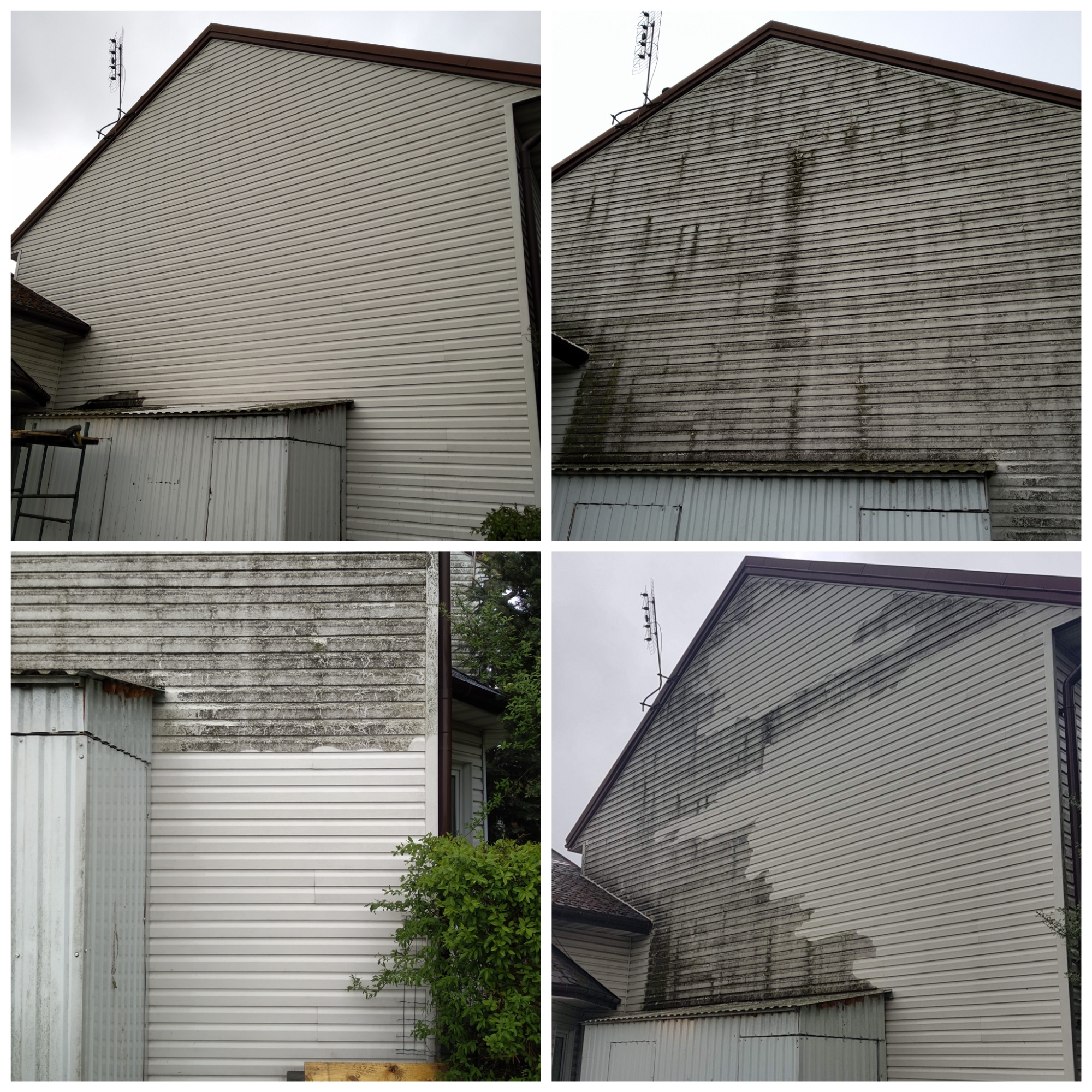 Kompozycja czterech ujęć elewacji budynku przed i po czyszczeniu, ukazująca różnicę w wyglądzie sidingu. Widoczne zabrudzenia i odświeżona powierzchnia.