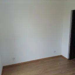 Pomalowane na biało ściany w pustym pokoju z drewnianą podłogą i ciemnymi drzwiami z przeszkleniami.