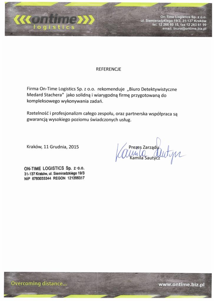 Skan listu referencyjnego od firmy On-Time Logistics dla Biura Detektywistycznego Medard Stachera, z podpisem Prezesa Zarządu Kamili Sautycz.