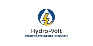 Logo firmy Hydro-Volt z symbolem kropli wody i błyskawicy w kolorach niebieskim i żółtym, podpisane 'Pogotowie hydrauliczno-elektryczne'.