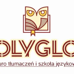 Logo biura tłumaczeń i szkoły językowej Polyglot z motywem sowy trzymającej książkę.